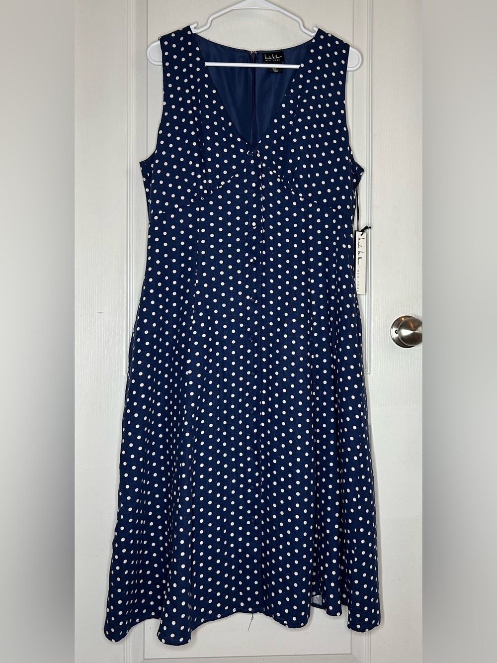 Nicole Miller NWT Button Down Midi Sleeveless Blue Polka Dot Cottagecore Dress